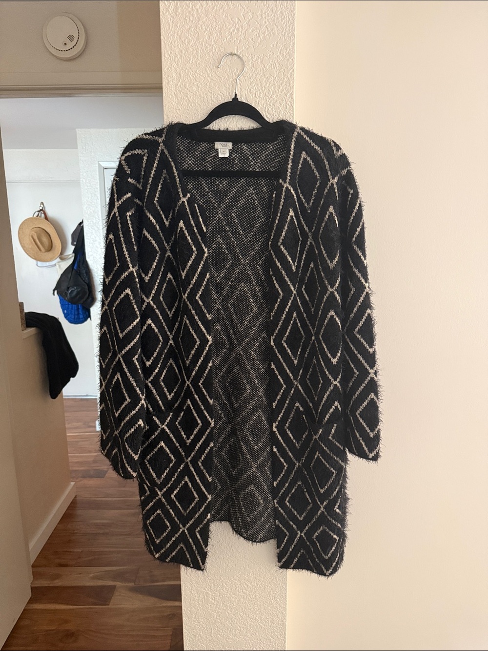 Cozy Black and Cream Geometric Open-Front Cardigan
